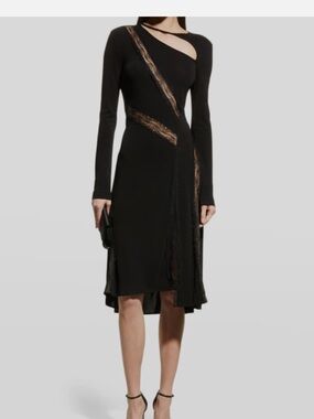 Black Long-Sleeve Asymmetric Cutout Midi Dress with Lace Insets